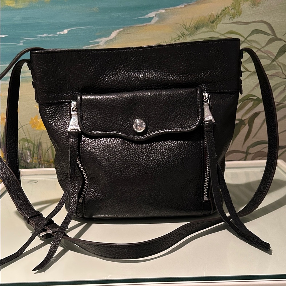 Aimee Kestenberg Elation Black Pebble Leather Crossbody/Bucket Bag 9”H x 8.5”W